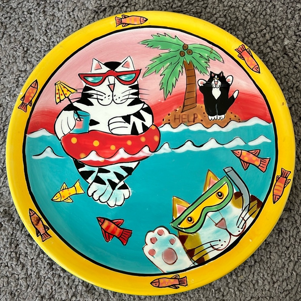 2003 Candace Reiter "Catzilla" 8” Plate Beach Party Ocean Island Cats Castaways